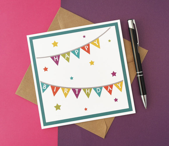 Happy Birthday Colourful Bunting and Stars Card