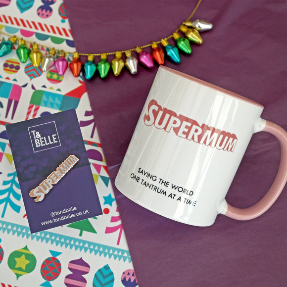 Supermum Ceramic Mug & Enamel Pin Gift Set