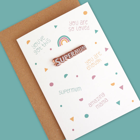 Supermum Greetings Card with Rose Gold and White Glitter Enamel Pin